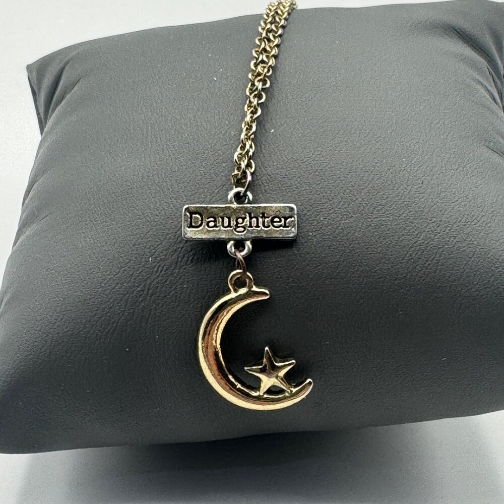 Gold-Tone Moon & Star Pendant Daughter Necklace With Adjustable Chain